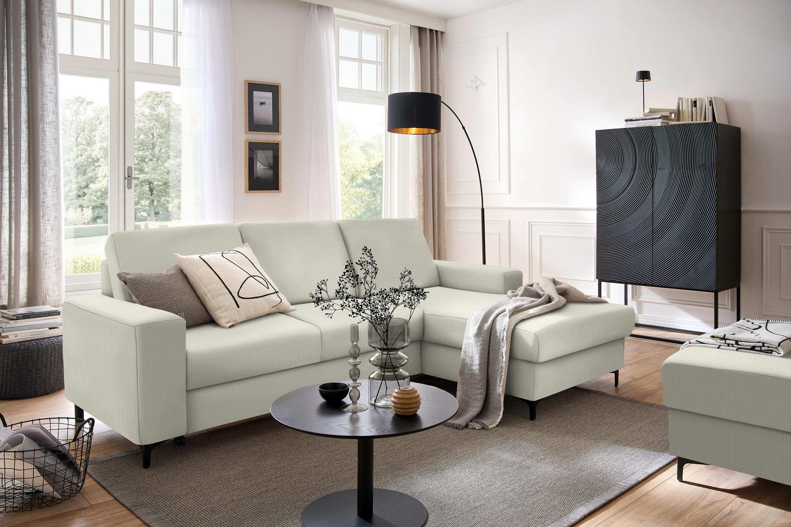 ECKSOFA in Cord Ecru  - Ecru/Schwarz, KONVENTIONELL, Textil/Metall (247/167cm) - Stylife
