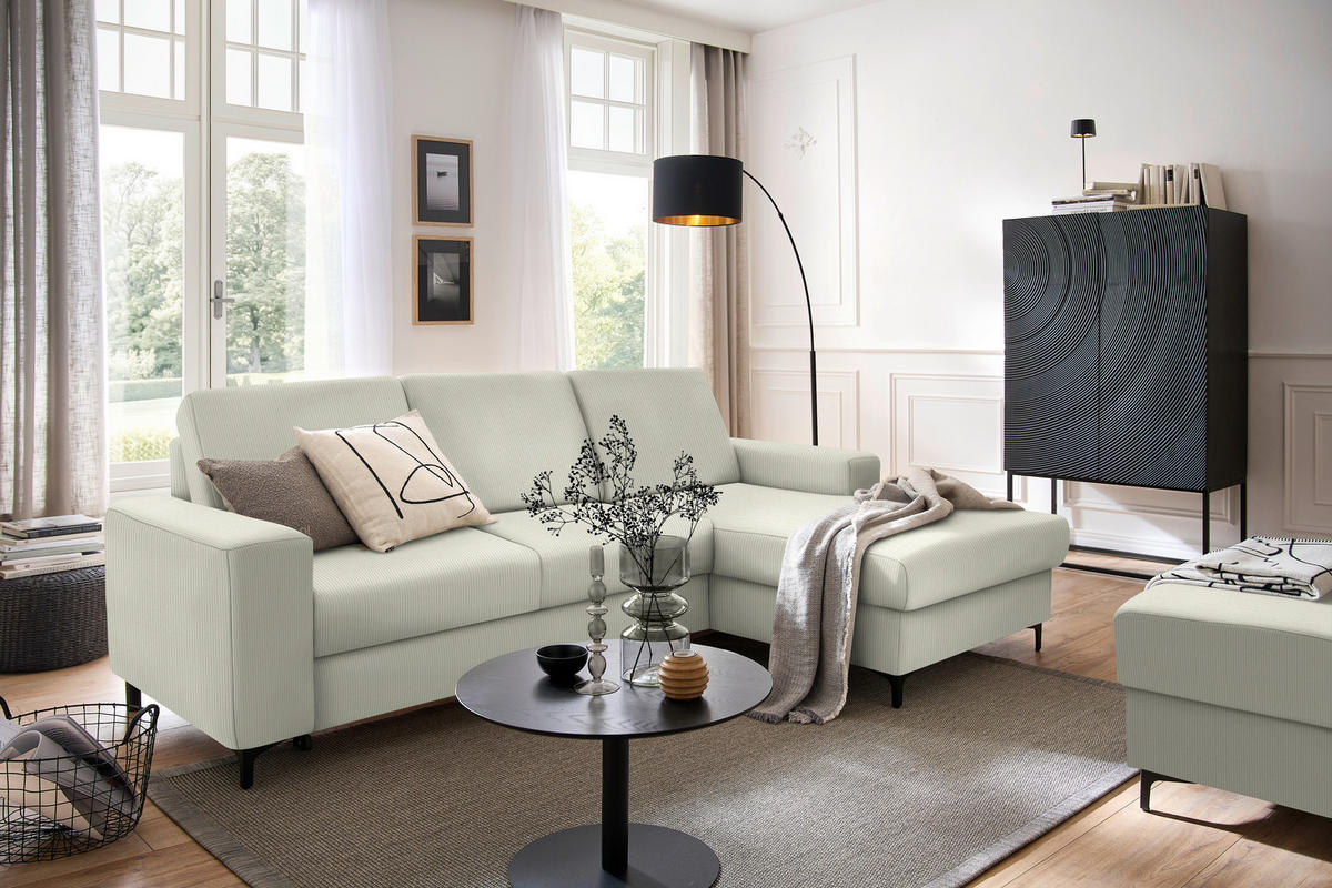 ECKSOFA Ecru Cord  - Ecru/Schwarz, KONVENTIONELL, Textil/Metall (247/167cm) - Stylife