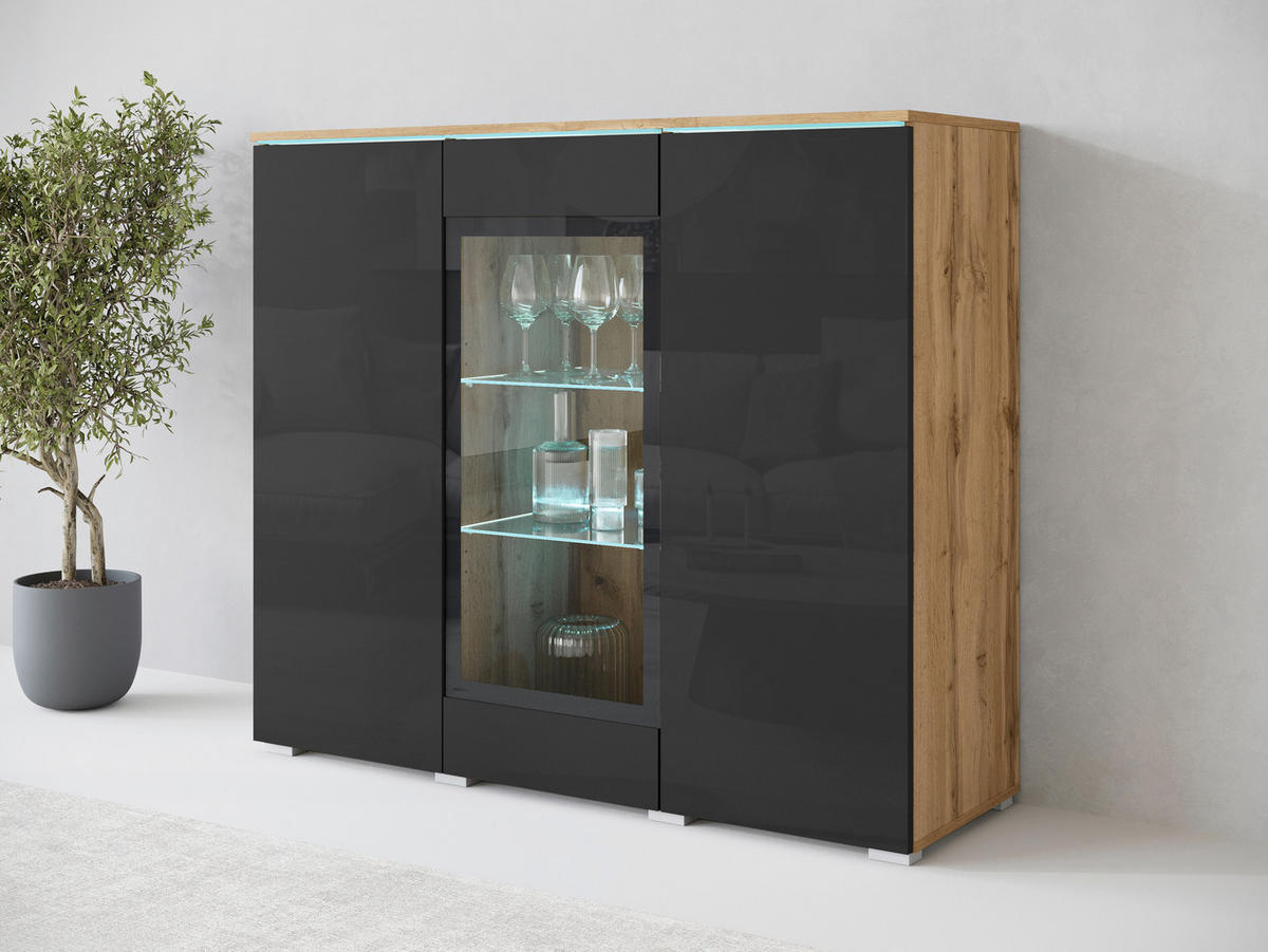 HIGHBOARD Vera, 120/103,3/39,5 cm,  - Schwarz Hochglanz/Eiche Wotan, Trend, Glas/Holzwerkstoff (120/103,3/39,5cm) - P & B