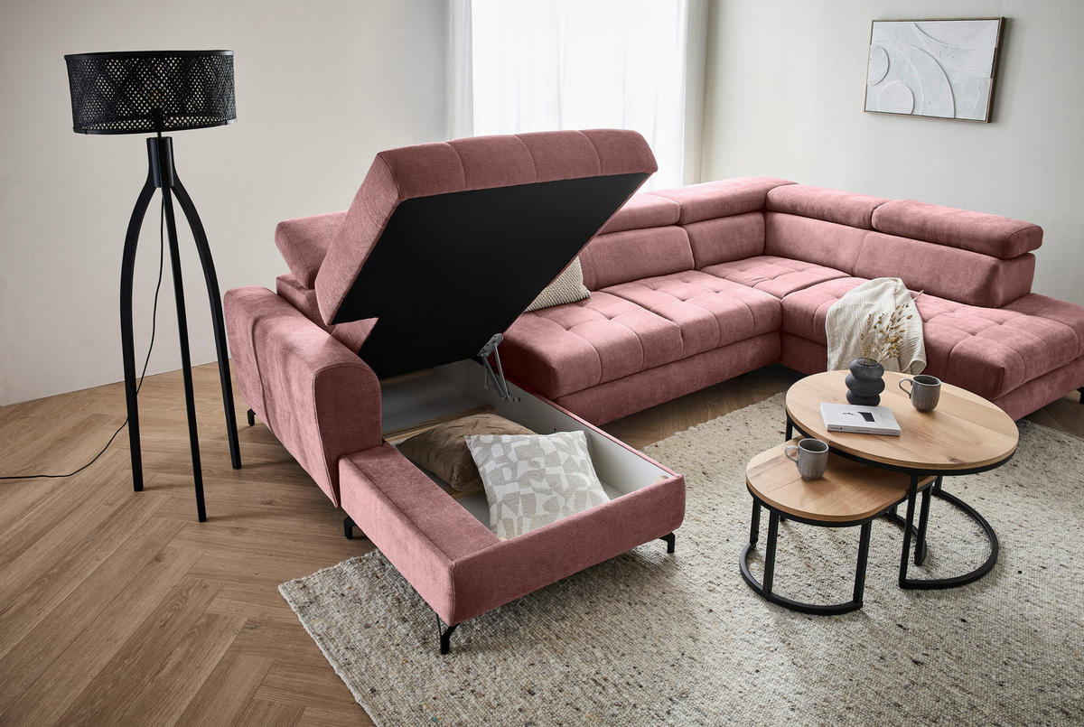 WOHNLANDSCHAFT in Struktur Rosa  - Schwarz/Rosa, Design, Textil/Metall (177/327/203cm) - Stylife