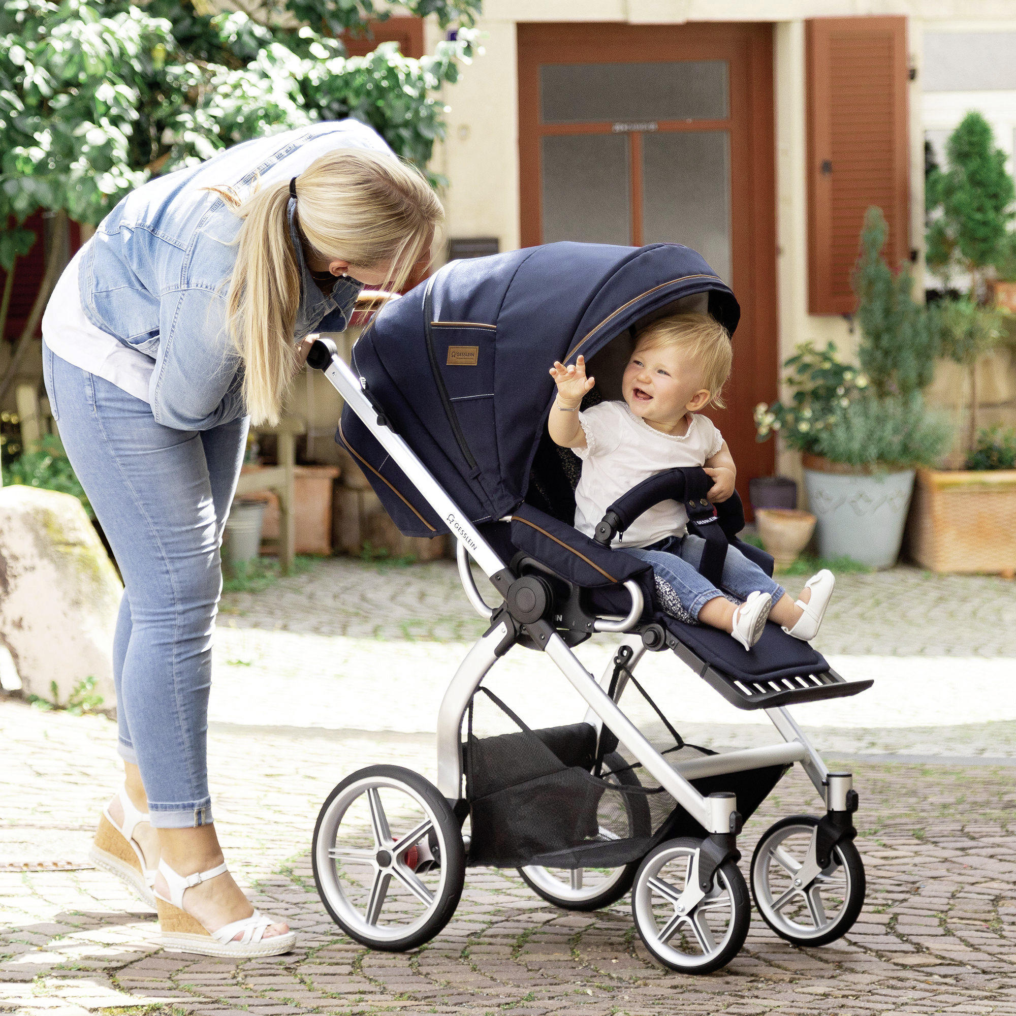 KINDERWAGENSET  FX4 Classic   - Silberfarben/Schwarz, Basics, Leder/Textil (57/129/100cm) - Gesslein
