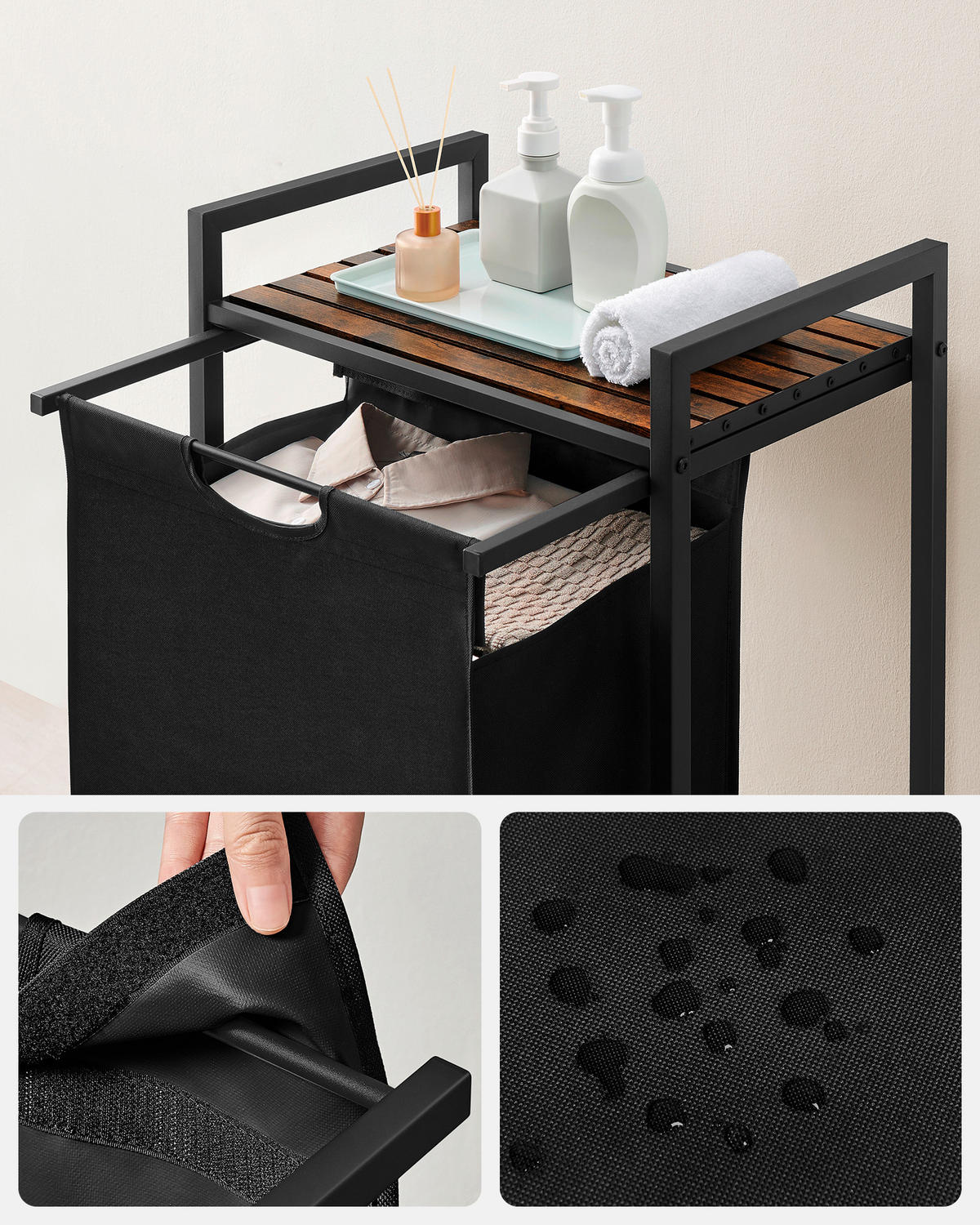 WÄSCHEKORB - Schwarz/Braun, Trend, Holzwerkstoff/Textil (50/72/33cm) - MID.YOU