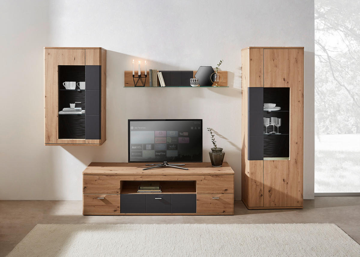 TV-ELEMENT Graphitfarben, Eichefarben  180/50/55 cm  - Eichefarben/Silberfarben, KONVENTIONELL, Glas/Holzwerkstoff (180/50/55cm) - Xora