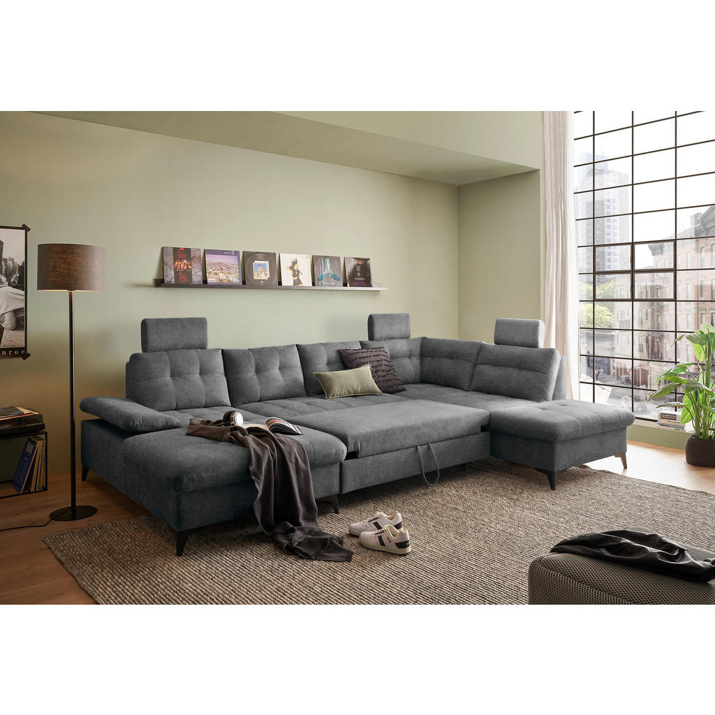 Thumbnail - Carryhome Wohnlandschaft, Graphit, Textil, 6-Sitzer, U-Form, 324x218 cm, Liegefunktion, seitenverkehrt erhältlich, Schla...