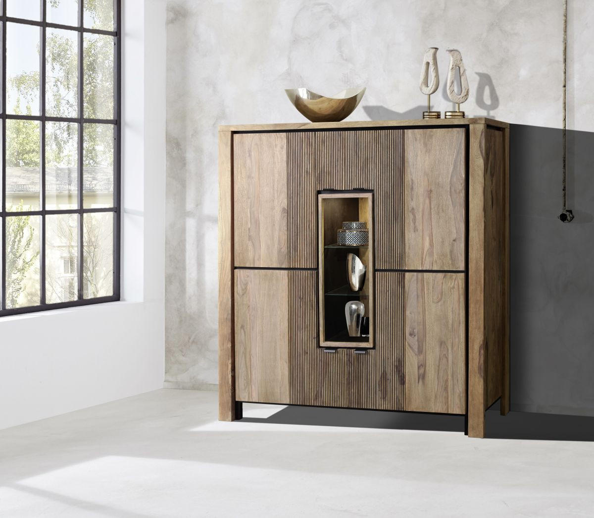 HIGHBOARD  in 150/150/45 cm  - Schwarz/Naturfarben, MODERN, Glas/Holz (150/150/45cm) - Livetastic