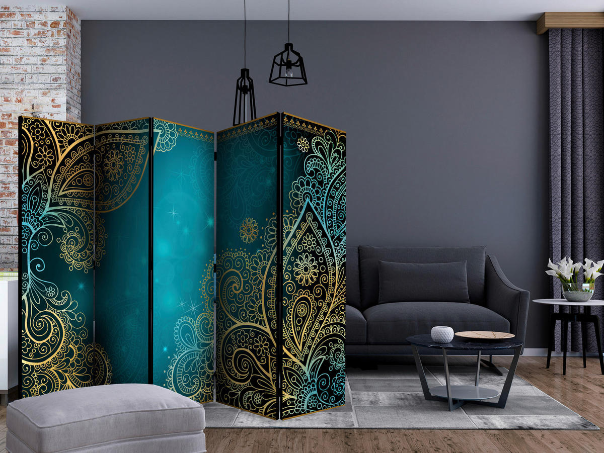 SKÄRMVÄGG  i trä, textil  blå, guldfärgad  - blå/guldfärgad, Basics, trä/textil (225/172/3cm) - artgeist