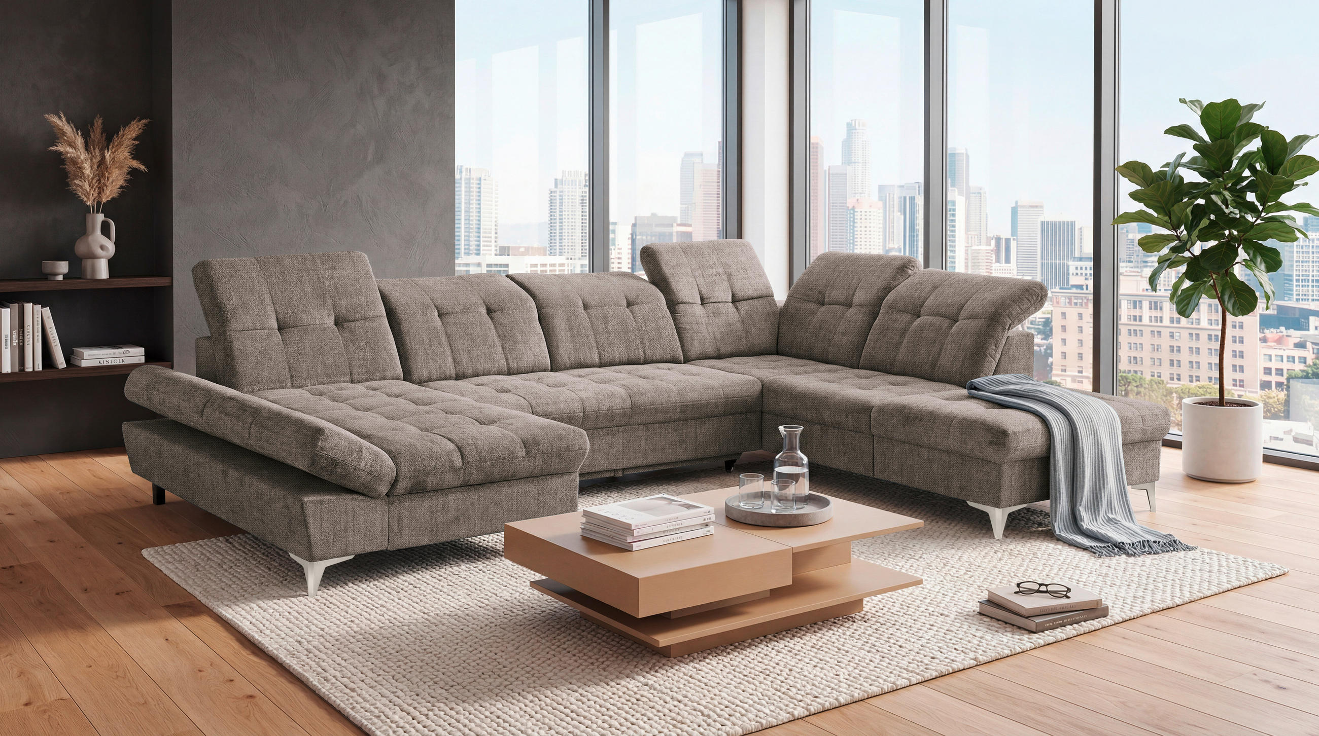 WOHNLANDSCHAFT MERCY Braun Mikrovelours  - Kaschmir/Braun, MODERN, Kunststoff/Textil (169/348/245cm) - MID.YOU