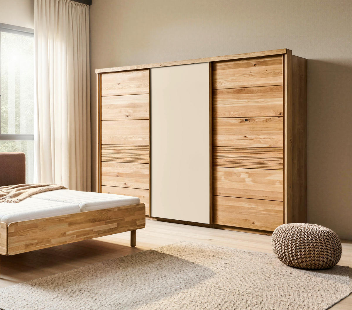 SCHWEBETÜRENSCHRANK 285/216/70 cm 3 Tür(en)-türig Sandfarben, Wildeiche  - Sandfarben/Wildeiche, Design, Glas/Holz (285/216/70cm) - Linea Natura