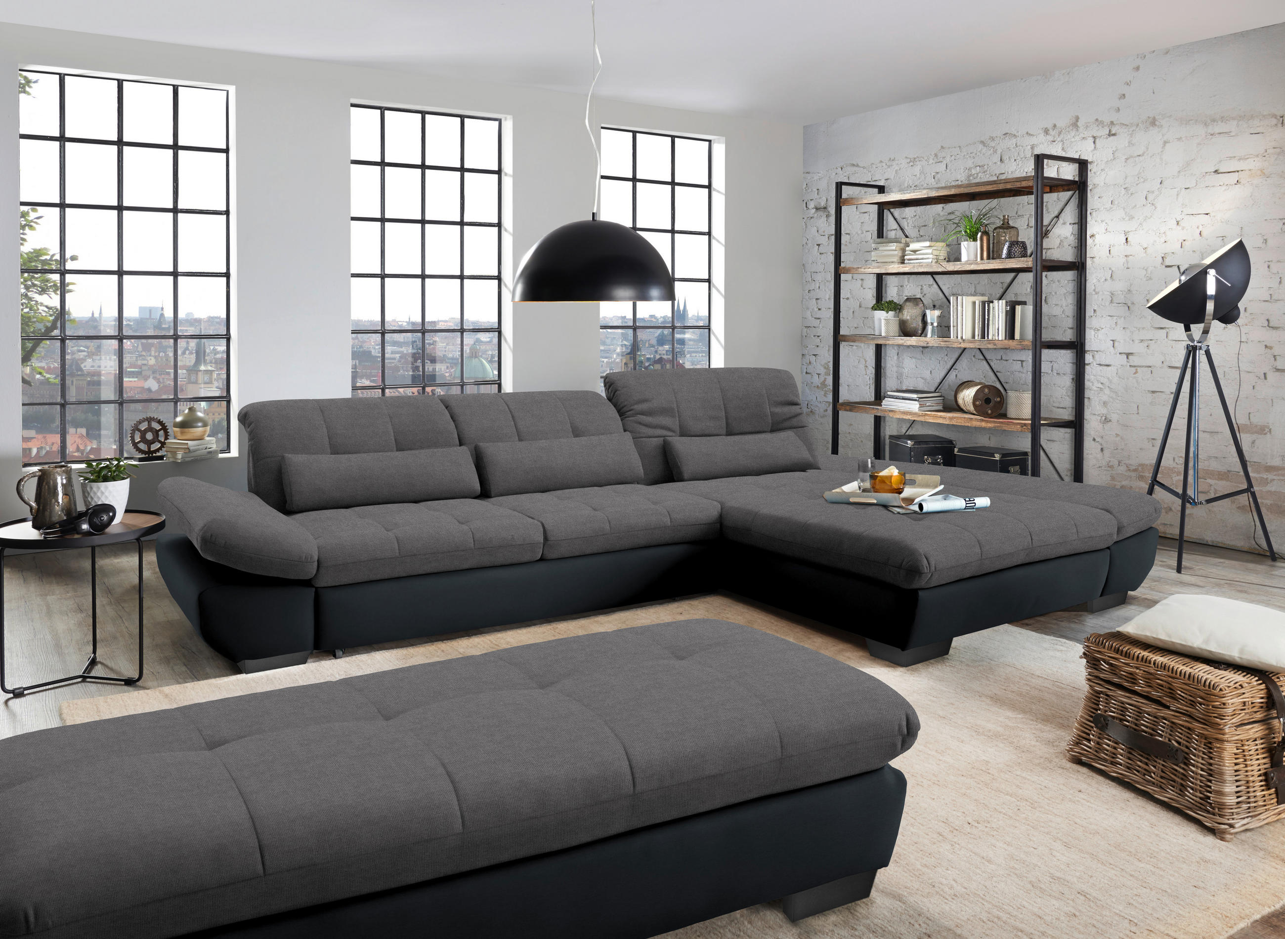 ECKSOFA in Mikrofaser Grau  - Schwarz/Grau, Design, Textil/Metall (341/204cm) - Xora