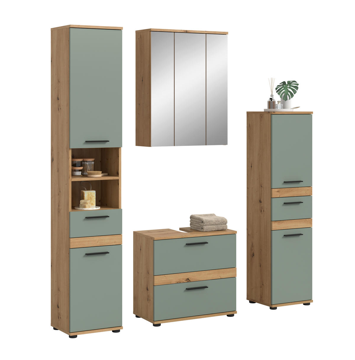 BADEZIMMER 4-teilig  in 160 cm  - Salbeigrün/Schwarz, Trend, Glas/Holzwerkstoff (160cm) - MID.YOU