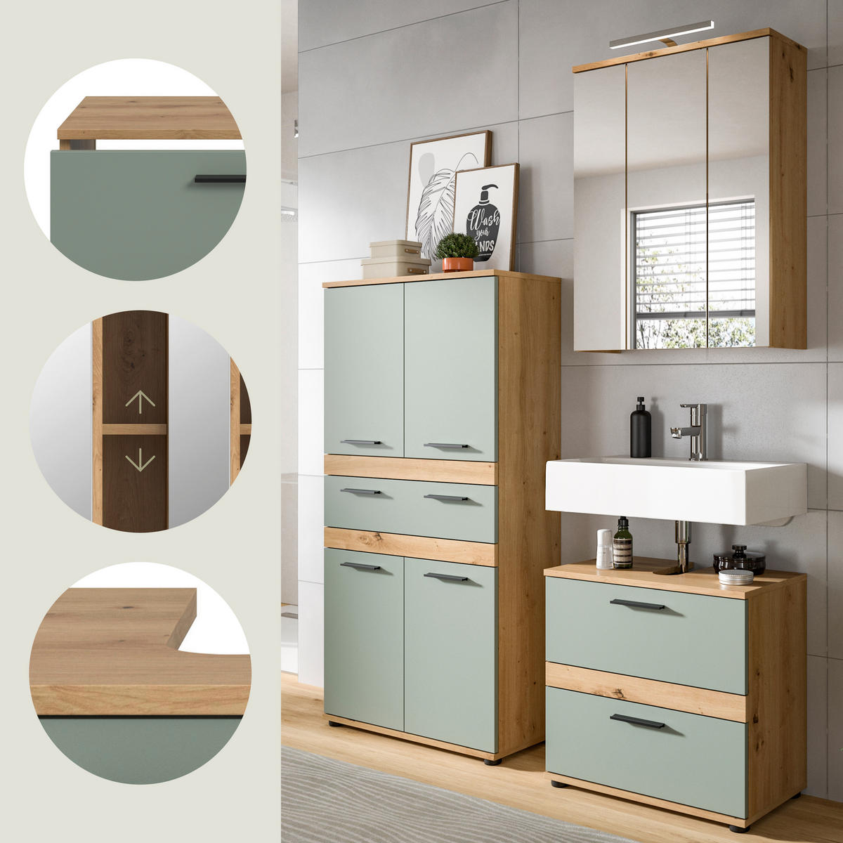 BADEZIMMER 4-teilig  in 145 cm  - Salbeigrün/Schwarz, Trend, Glas/Holzwerkstoff (145cm) - MID.YOU