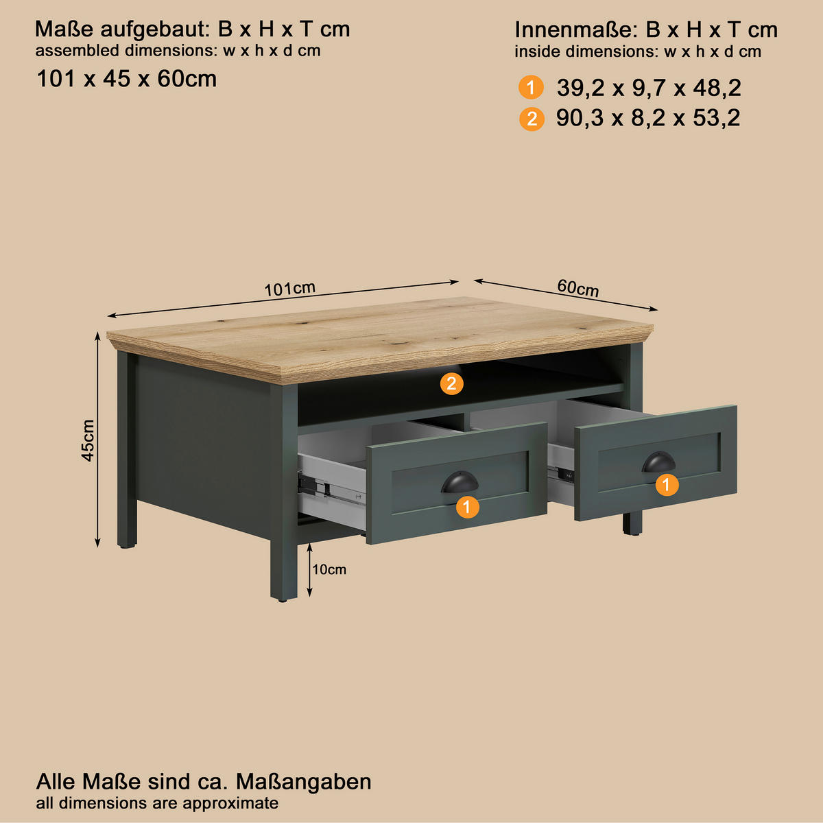 COUCHTISCH 101/45/60 cm STANTON rechteckig Waldgrün  - Waldgrün/Schwarz, Design, Holzwerkstoff/Kunststoff (101/45/60cm) - MID.YOU