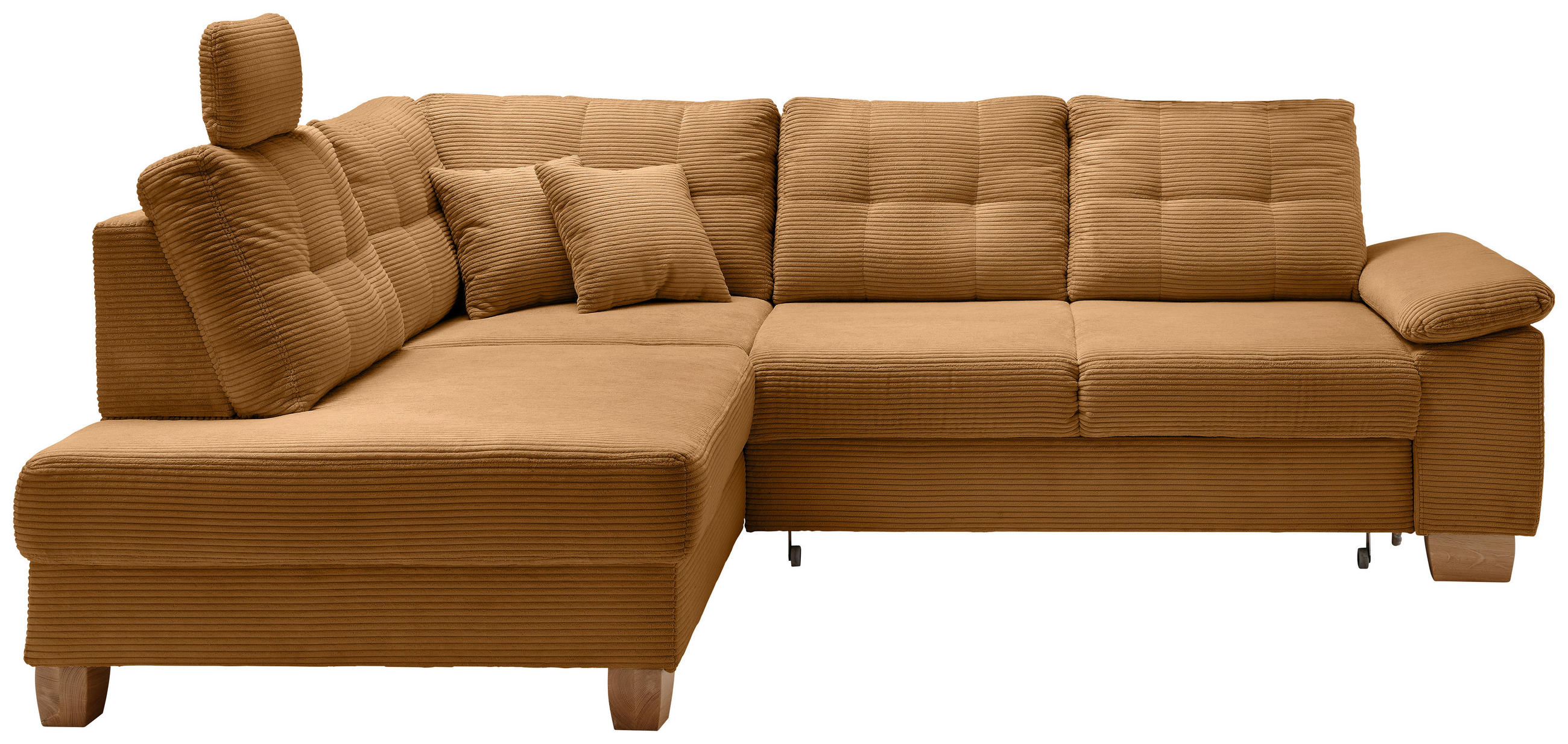 ECKSOFA Goldfarben Cord Bettkasten, Schlaffunktion, Sitztiefenverstellung, Kopfstütze, Liegefläche im Originalstoff  - Goldfarben/Naturfarben, MODERN, Holz/Textil (206/274cm) - Livetastic