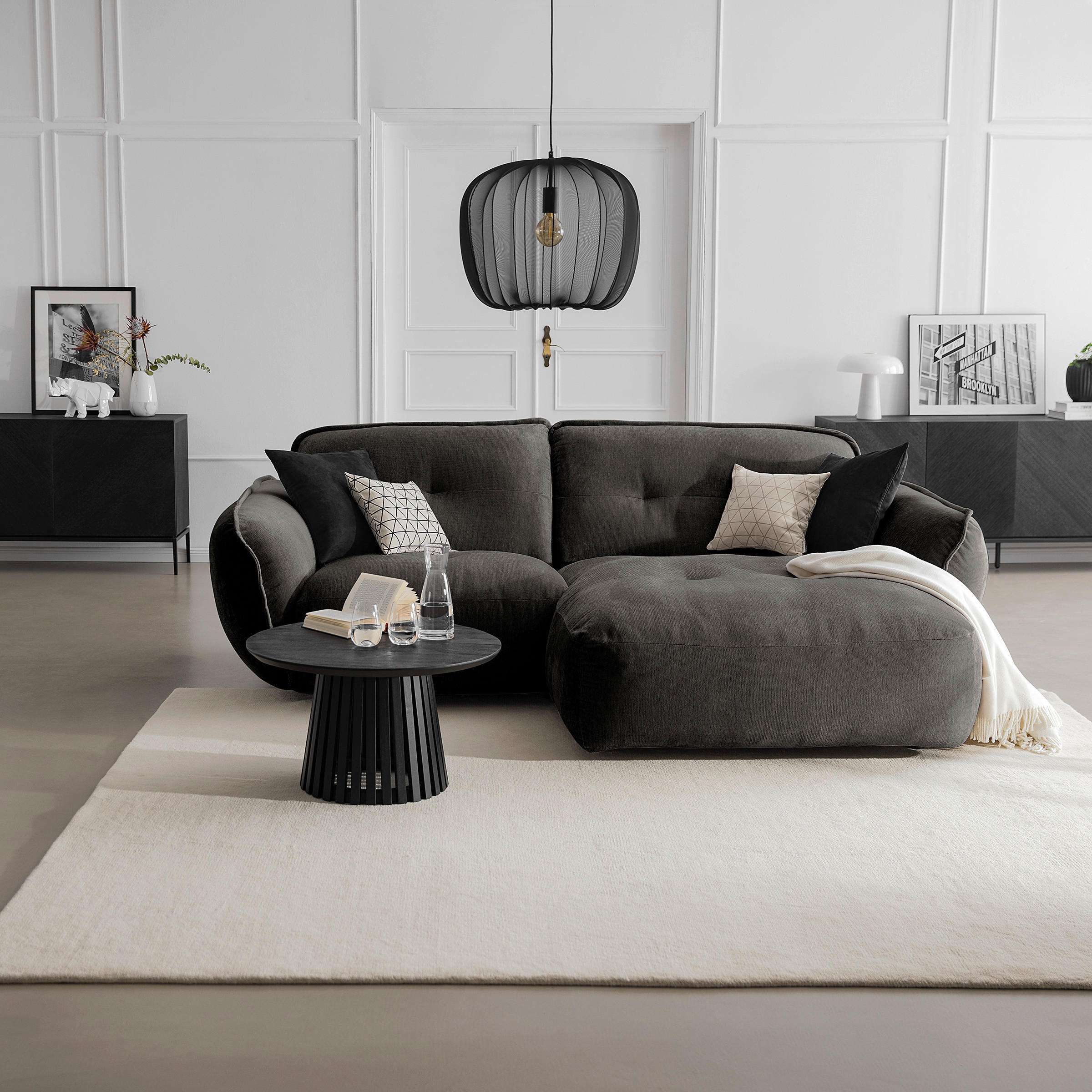 ECKSOFA in Chenille Anthrazit - Anthrazit/Schwarz, Modern, Kunststoff/Textil (269/184cm) - Trendmanufaktur