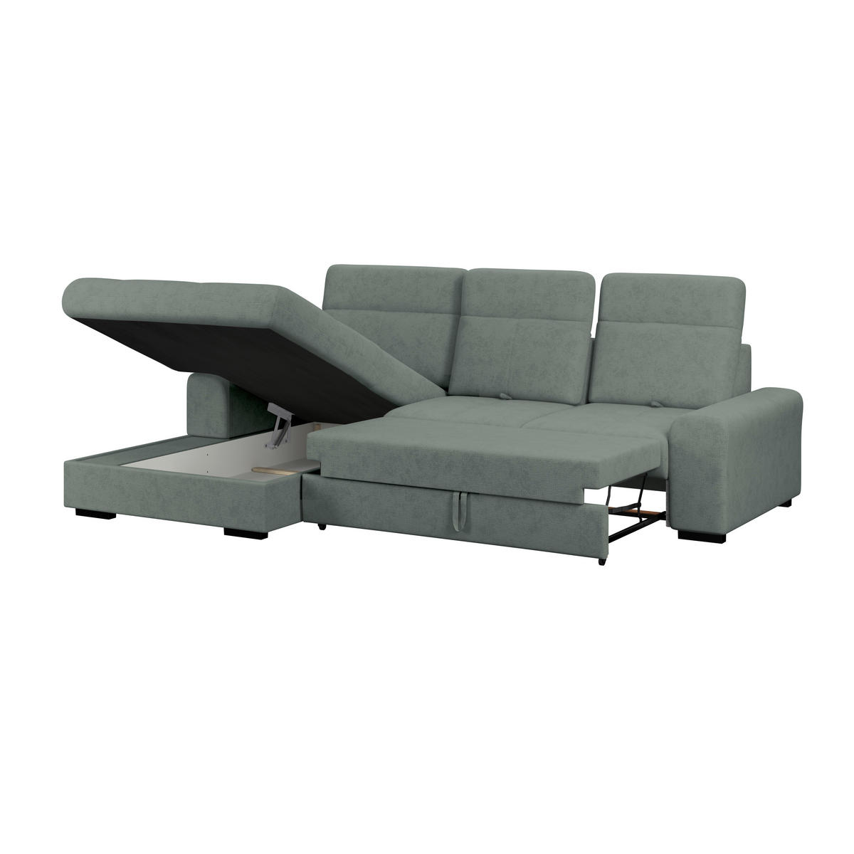 ECKSOFA Grün Chenille Rücken echt, Kopfteilverstellung  - Schwarz/Grün, KONVENTIONELL, Holz/Textil (203/286cm) - MID.YOU