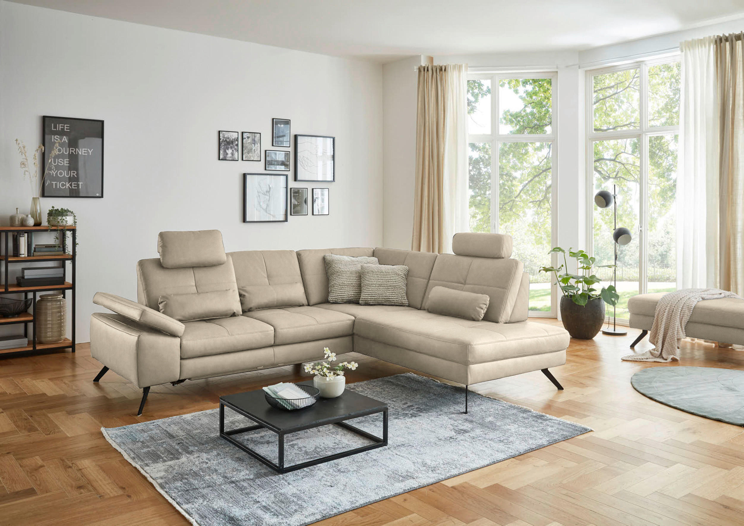 ECKSOFA in Lederlook, Mikrofaser Beige  - Beige/Schwarz, Design, Textil/Metall (261/220cm) - Beldomo System