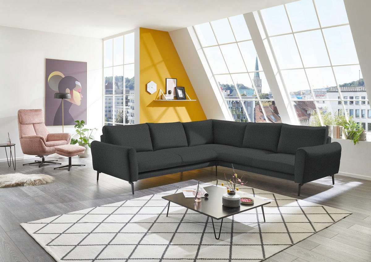 ECKSOFA in Velours, Feincord Anthrazit  - Anthrazit/Schwarz, Design, Textil/Metall (280/254cm) - Beldomo Style
