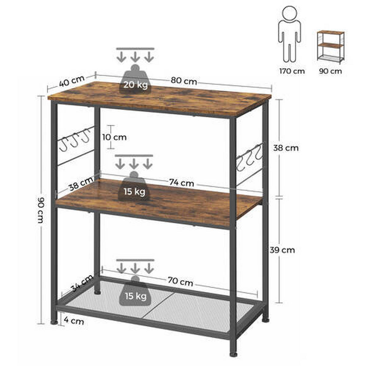 KÜCHENINSEL 80/90/40 cm  in Braun, Schwarz  - Schwarz/Braun, Basics, Holzwerkstoff/Metall (80/90/40cm) - Boxxx