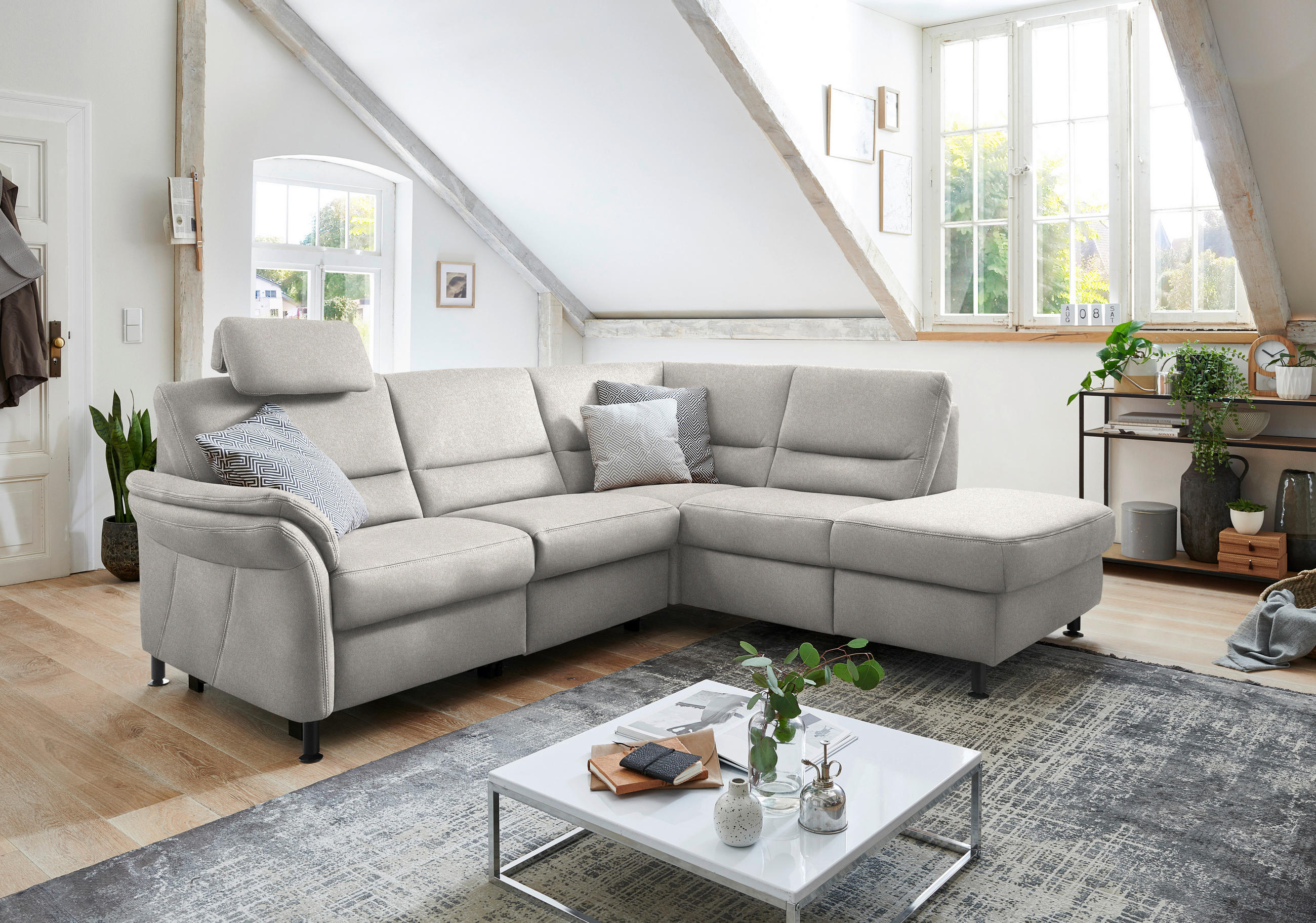 ECKSOFA in Flachgewebe Hellgrau  - Hellgrau/Schwarz, Modern, Textil/Metall (227/203cm) - Beldomo System