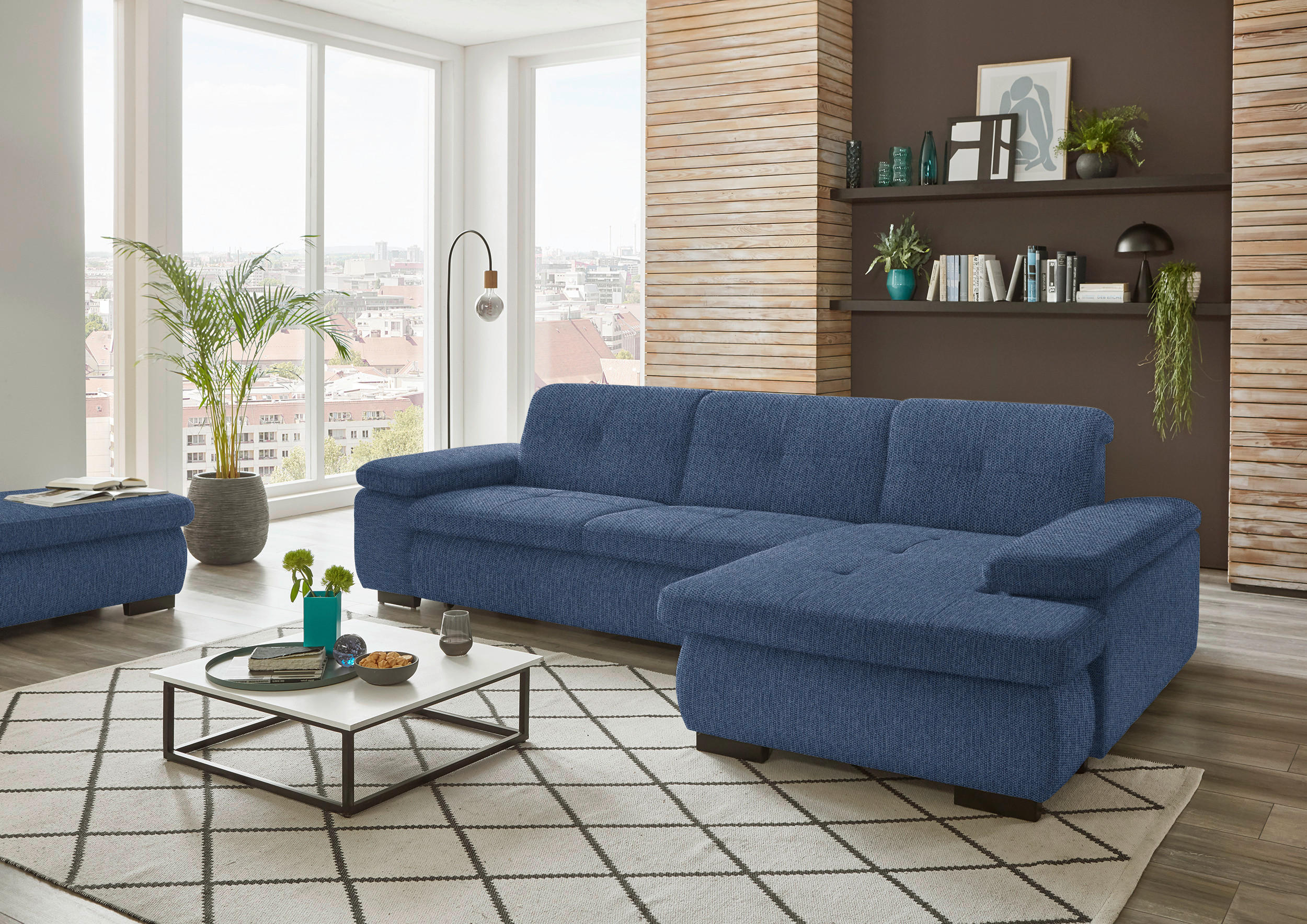 ECKSOFA in Flachgewebe Dunkelblau  - Schwarz/Dunkelblau, Design, Textil/Metall (297/174cm) - Beldomo Style