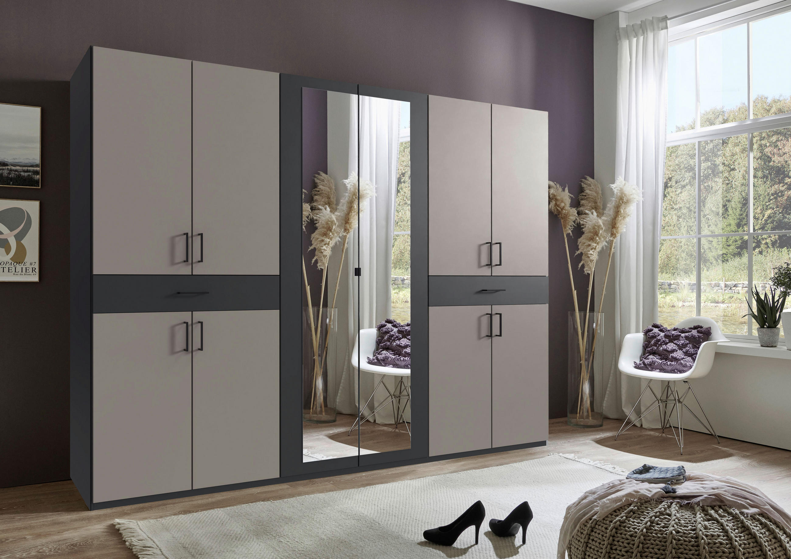 DREHTÜRENSCHRANK in Graphitfarben, Sahara  - Schwarz/Graphitfarben, Konventionell, Glas/Holzwerkstoff (270/208/58cm) - Carryhome