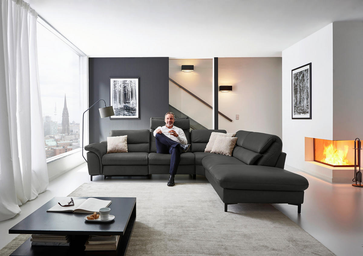 ECKSOFA Valdera Schwarz Echtleder  - Schwarz, Design, Leder/Metall (280/246cm) - Hukla