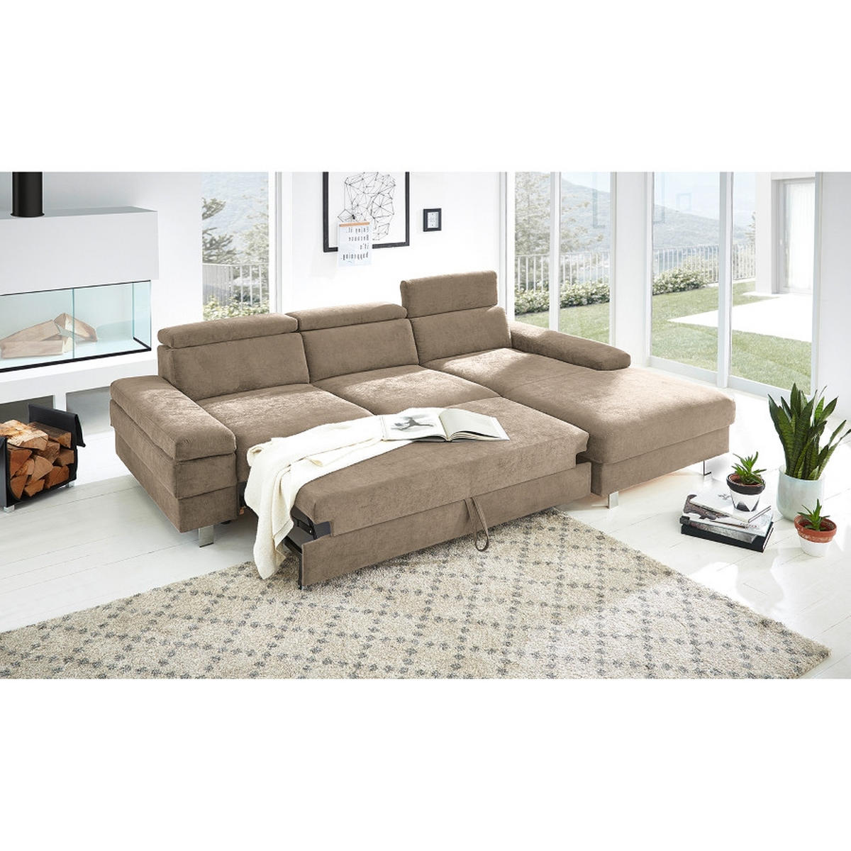 ECKSOFA in Webstoff Schlammfarben  - Schlammfarben/Silberfarben, Konventionell, Textil/Metall (182/82/260cm) - Trendmanufaktur