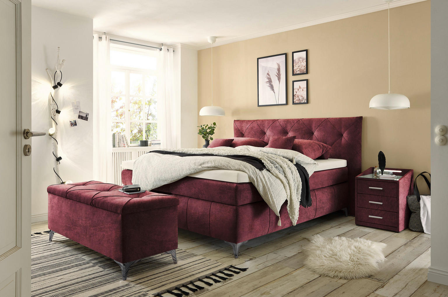 BOXSPRINGBETT 180/200 cm in Bordeaux - Einrichtungsbeispiel