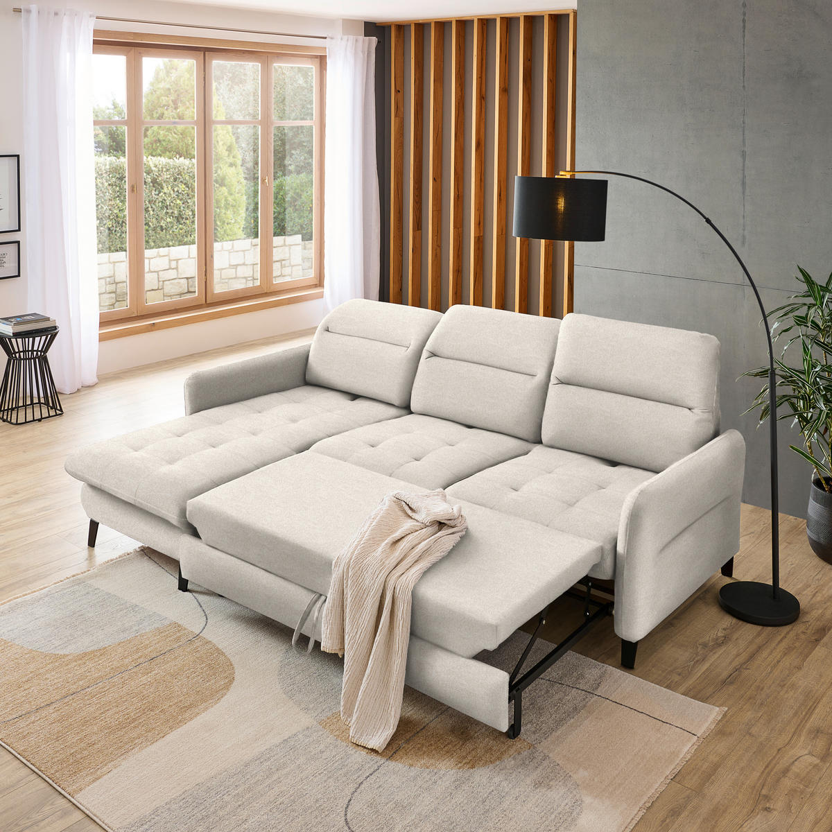 ECKSOFA Creme Plüsch  - Creme/Schwarz, KONVENTIONELL, Textil/Metall (190/254cm) - Livetastic