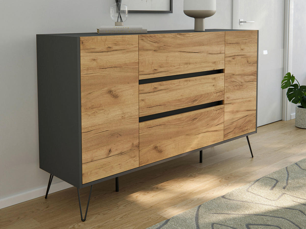 SIDEBOARD Posseik Industrial 155/93,6/42 cm 3 Schublade(n)  - Eichefarben/Graphitfarben, Design, Holzwerkstoff/Metall (155/93,6/42cm) - P & B