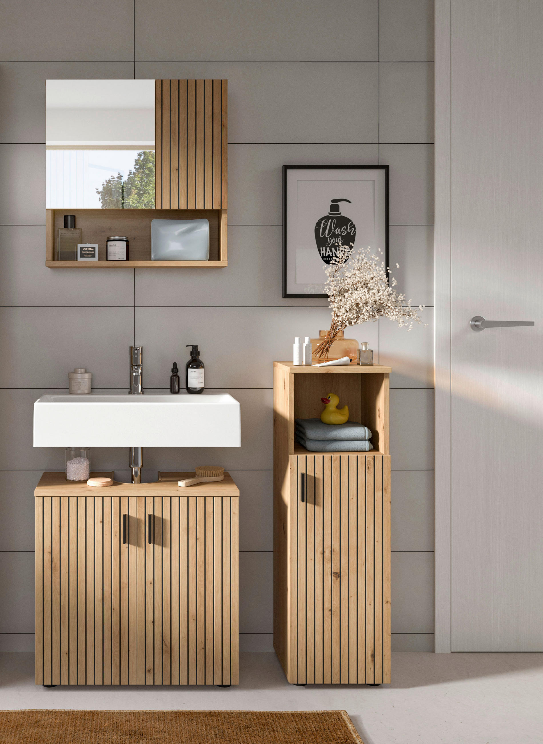 BADEZIMMER 3-teilig 90 cm  - Schwarz/Eiche Artisan, Basics, Holzwerkstoff/Kunststoff (90cm) - MID.YOU