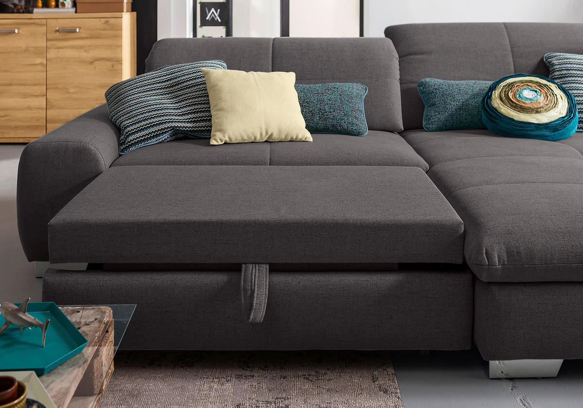 ECKSOFA Dunkelgrau Flachgewebe  - Chromfarben/Dunkelgrau, Design, Textil/Metall (276/198cm) - SetOne by Musterring