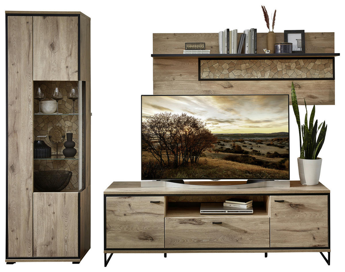 WOHNWAND  in Schwarz, Eichefarben  270/205/49 cm  - Eichefarben/Schwarz, KONVENTIONELL, Glas/Holzwerkstoff (270/205/49cm) - Livetastic