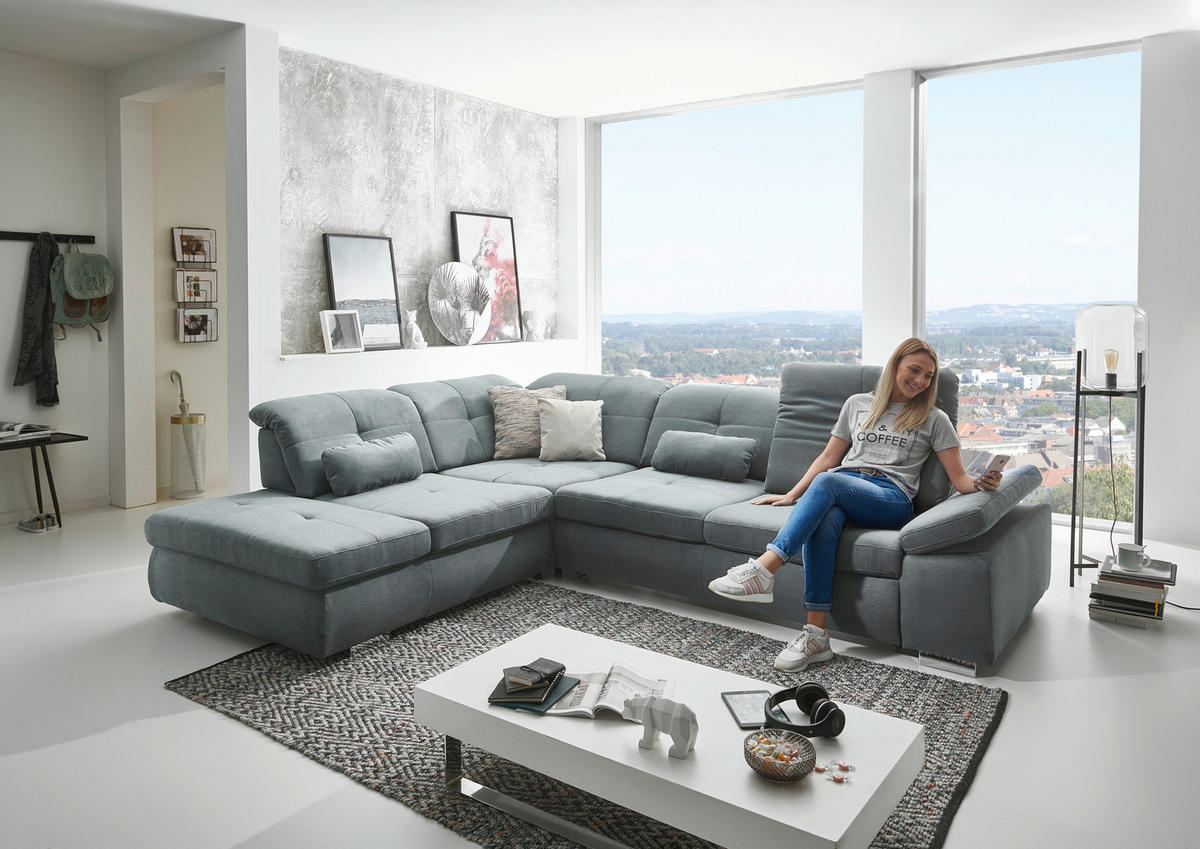 ECKSOFA in Mikrofaser Hellgrau  - Chromfarben/Hellgrau, Design, Textil/Metall (312/260cm) - Beldomo Style