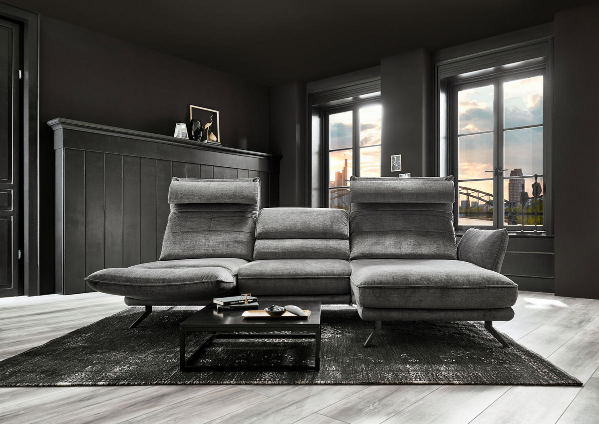 ECKSOFA in Velours Silberfarben  - Silberfarben/Schwarz, Design, Textil/Metall (283/153cm) - Valdera