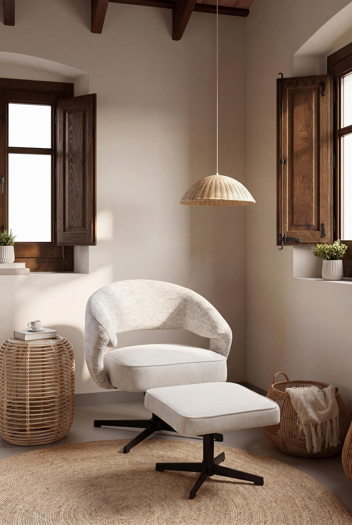 RELAXSESSELSET Leinenoptik Hocker    - Beige/Schwarz, Design, Textil/Metall (78/77-88/74cm) - Carryhome
