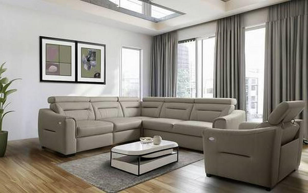 ECKSOFA Schlammfarben Echtleder Lederlook Schlaffunktion, Rücken echt, Relaxfunktion, Kopfteilverstellung  - Wengefarben/Schlammfarben, Design, Leder/Holz (260/260cm) - Celina Home