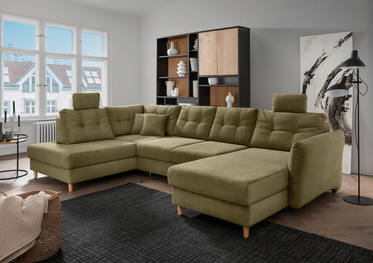 WOHNLANDSCHAFT Olivgrün Cord  - Naturfarben/Olivgrün, MODERN, Holz/Textil (206/338-352/176cm) - Livetastic
