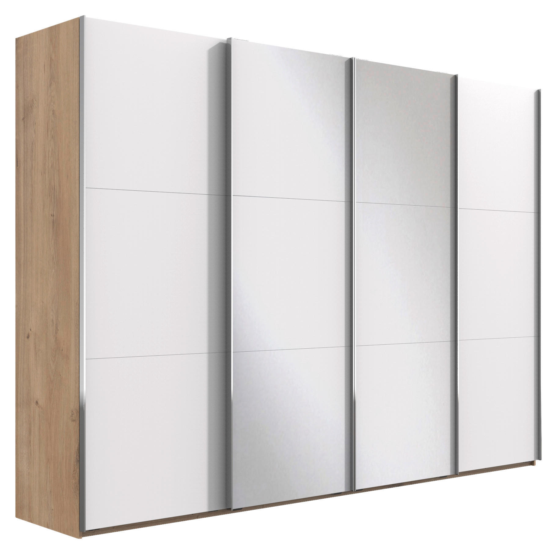 SCHWEBETÜRENSCHRANK 350/216/65 cm 4-türig Weiß, Eichefarben  - Chromfarben/Eichefarben, Basics, Glas/Holzwerkstoff (350/216/65cm) - MID.YOU