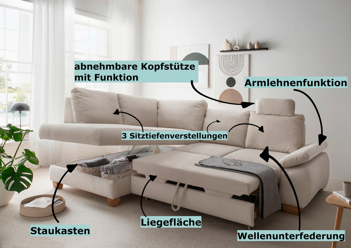 ECKSCHLAFSOFA in Chenille Rot  - Wildeiche/Rot, Modern, Holz/Textil (206/261cm) - Livetastic