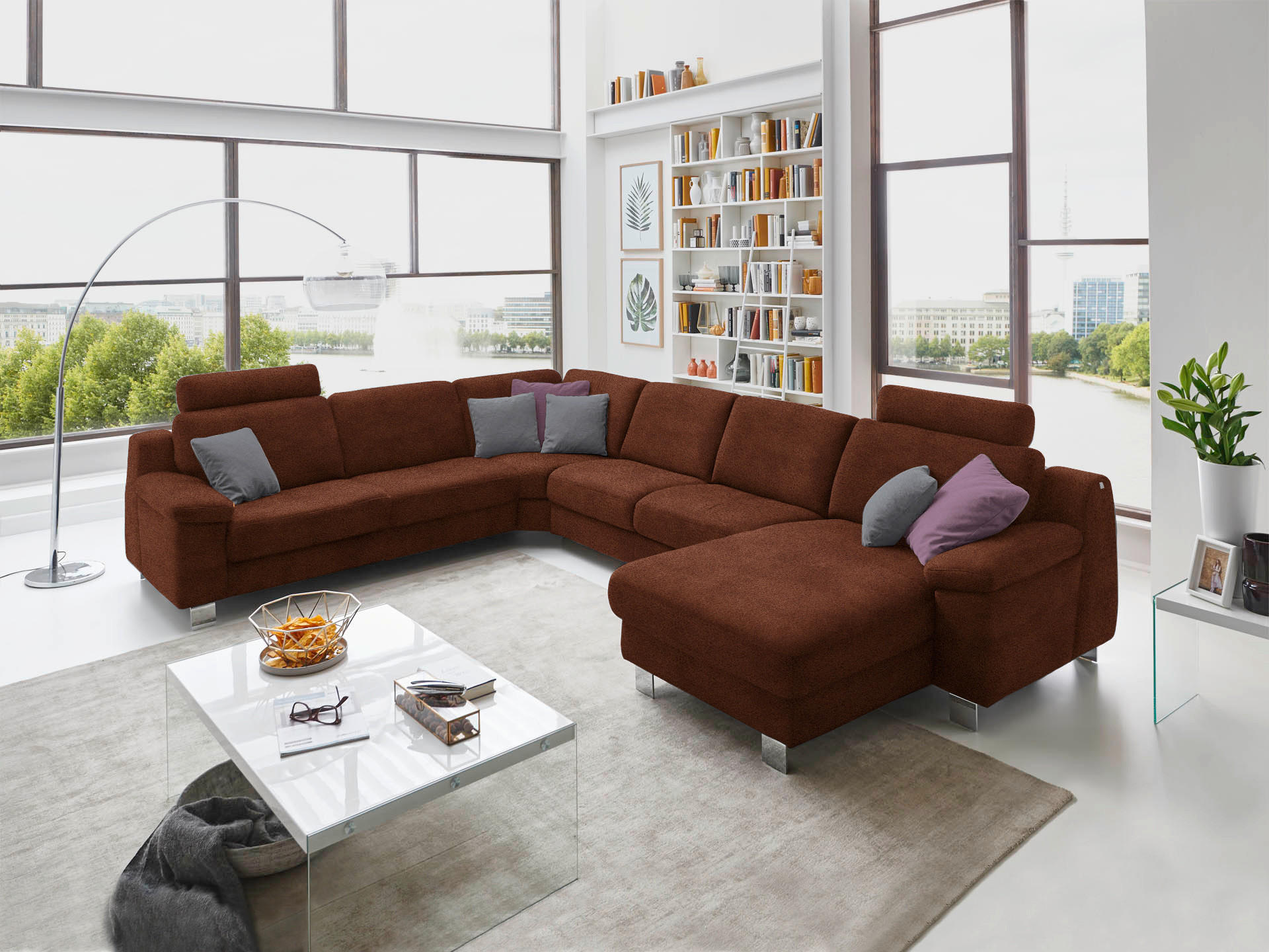 WOHNLANDSCHAFT in Mikrofaser Hellbraun  - Chromfarben/Hellbraun, Design, Textil/Metall (278/364/166cm) - Valdera