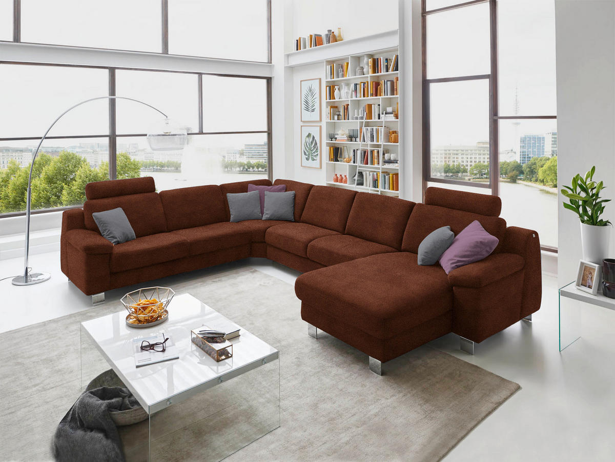 WOHNLANDSCHAFT in Mikrofaser Hellbraun  - Chromfarben/Hellbraun, Design, Textil/Metall (278/364/166cm) - Valdera
