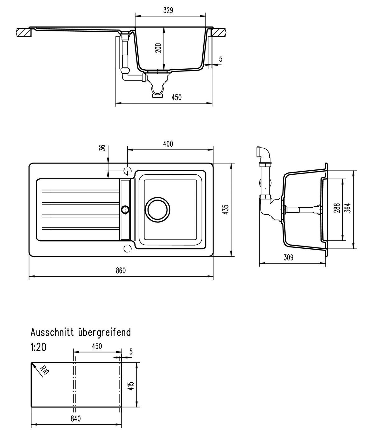 SPÜLE 17502100860435500-81  - Schwarz, Basics, Stein (86/20,5/43,5cm) - Respekta