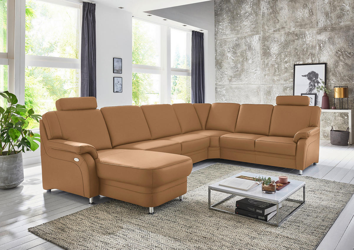WOHNLANDSCHAFT Echtleder Hellbraun  - Hellbraun/Alufarben, Konventionell, Leder/Metall (165/329/239cm) - Beldomo Premium