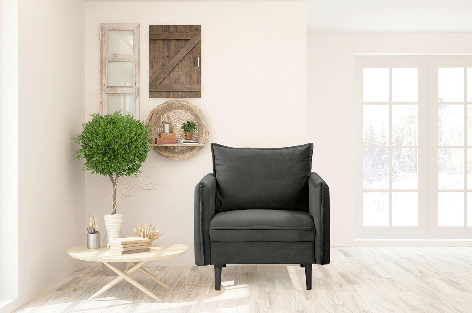 SESSEL in Samt Dunkelgrau  - Dunkelgrau/Schwarz, Design, Holz/Textil (74/86/100cm) - P & B