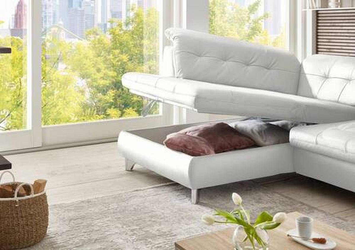 ECKSOFA in Echtleder Weiss  - Weiss, Basics, Leder/Metall (211/309cm) - Beldomo Speed
