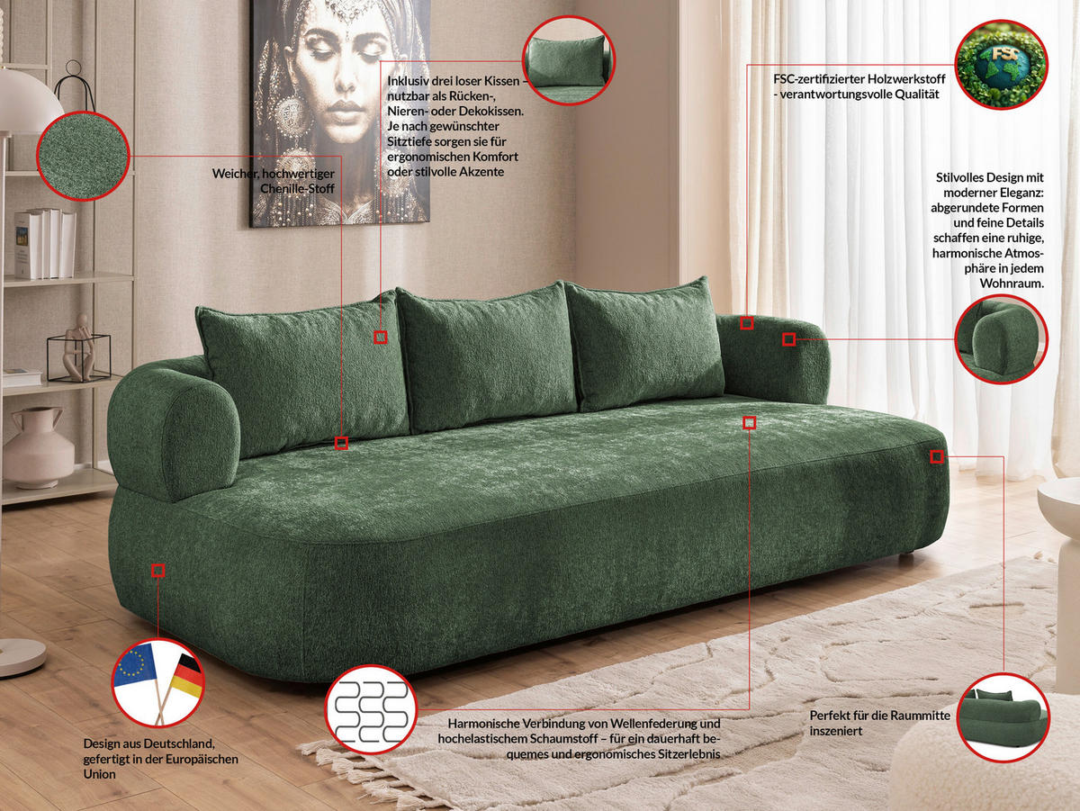 BIGSOFA in Chenille Grün  - Schwarz/Grün, Design, Kunststoff/Textil (240/76/122cm) - Livetastic