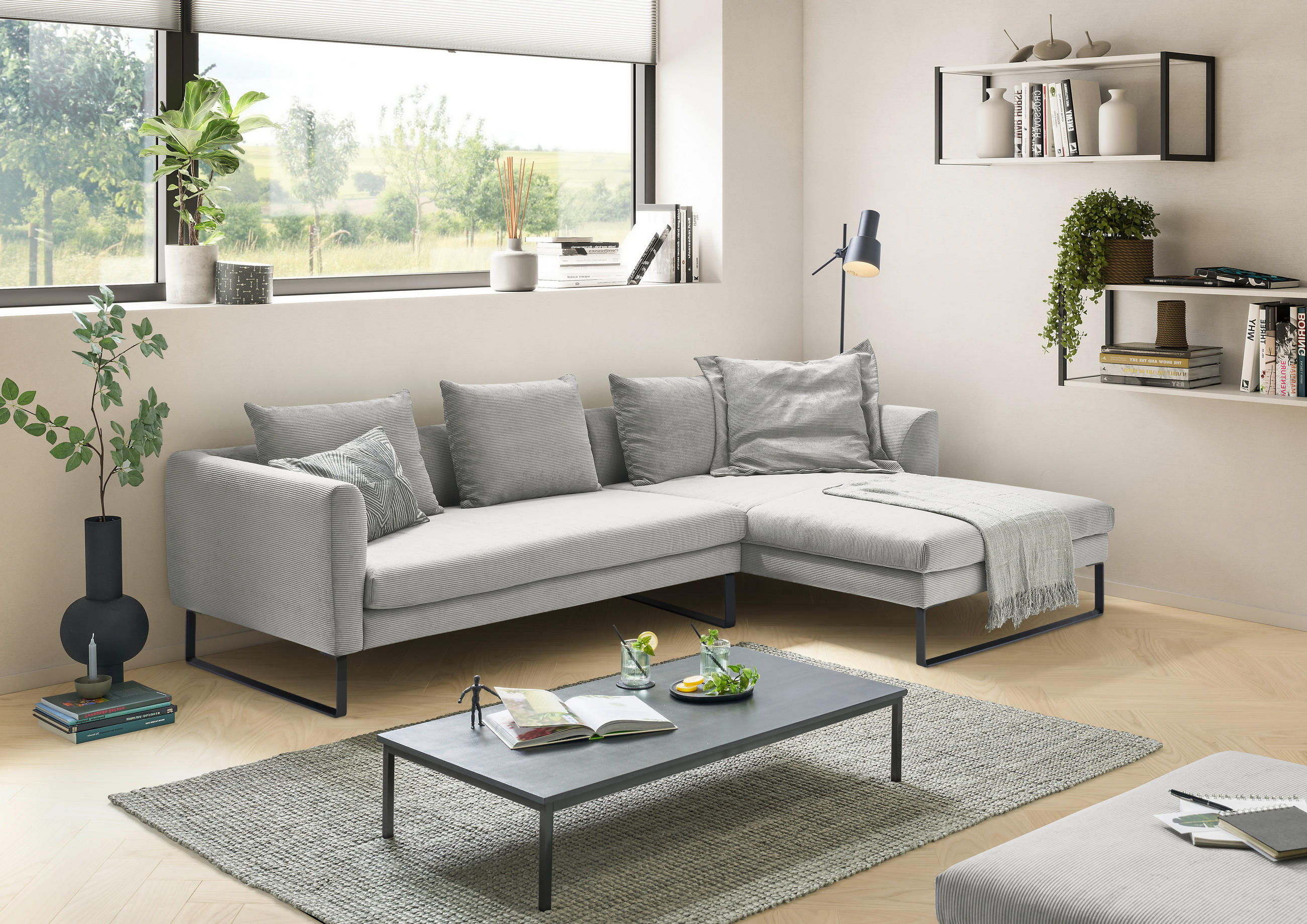 ECKSOFA Grau Cord  - Schwarz/Grau, KONVENTIONELL, Textil/Metall (284/178cm) - Hom`in