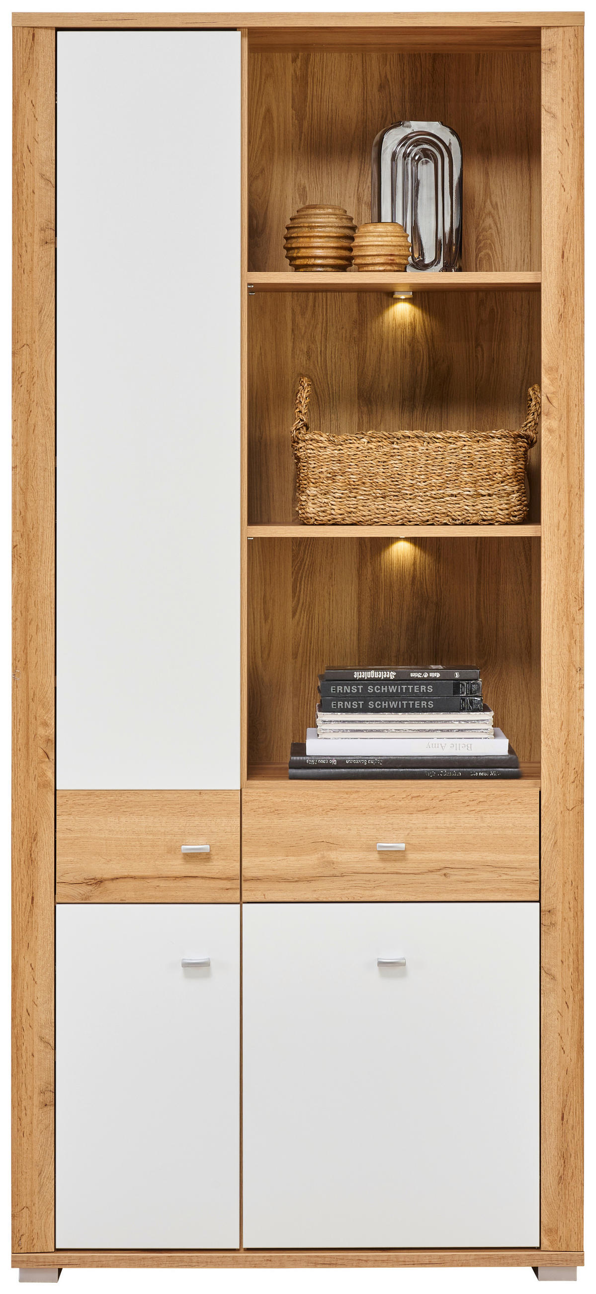 VITRINE in Weiß, Eichefarben  - Chromfarben/Eichefarben, KONVENTIONELL, Holzwerkstoff/Kunststoff (86/193/38cm) - Ti'me