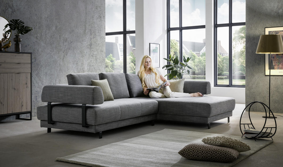 ECKSOFA Grau Flachgewebe  - Schwarz/Grau, Design, Textil/Metall (279/202cm)